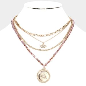 Gold Multi Layered Evil Eye Coin Pendant Necklace Chain Beaded Style